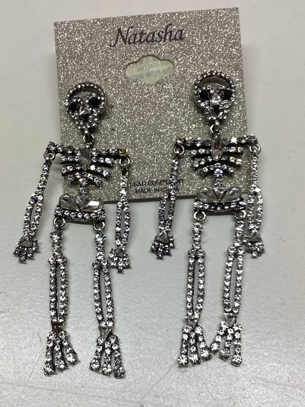Natasha Couture Silver Crystal Skeleton Dangle Earrings